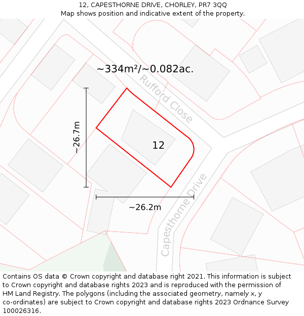 12, CAPESTHORNE DRIVE, CHORLEY, PR7 3QQ: Plot and title map