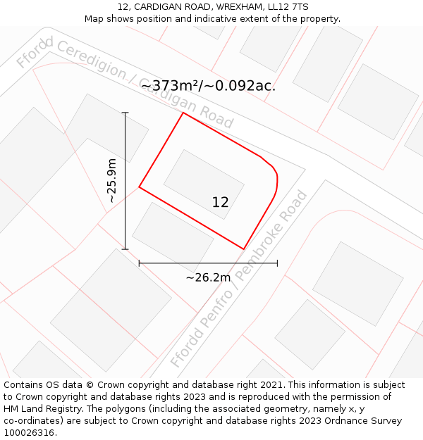 12, CARDIGAN ROAD, WREXHAM, LL12 7TS: Plot and title map