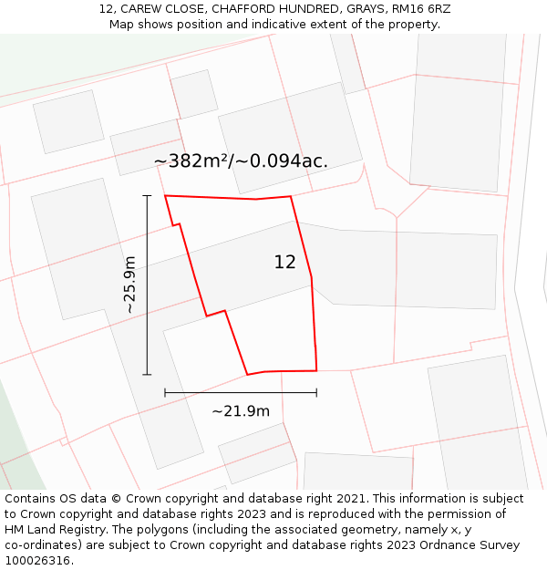 12, CAREW CLOSE, CHAFFORD HUNDRED, GRAYS, RM16 6RZ: Plot and title map