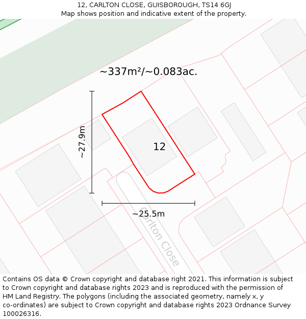 12, CARLTON CLOSE, GUISBOROUGH, TS14 6GJ: Plot and title map