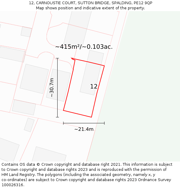 12, CARNOUSTIE COURT, SUTTON BRIDGE, SPALDING, PE12 9QP: Plot and title map