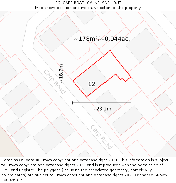 12, CARP ROAD, CALNE, SN11 9UE: Plot and title map