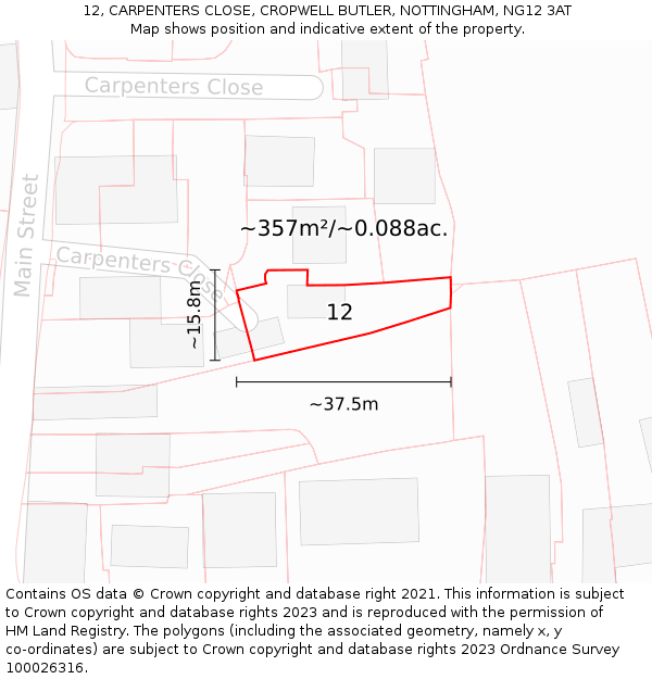 12, CARPENTERS CLOSE, CROPWELL BUTLER, NOTTINGHAM, NG12 3AT: Plot and title map