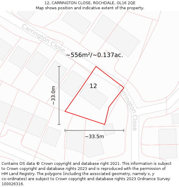 12, CARRINGTON CLOSE, ROCHDALE, OL16 2QE: Plot and title map