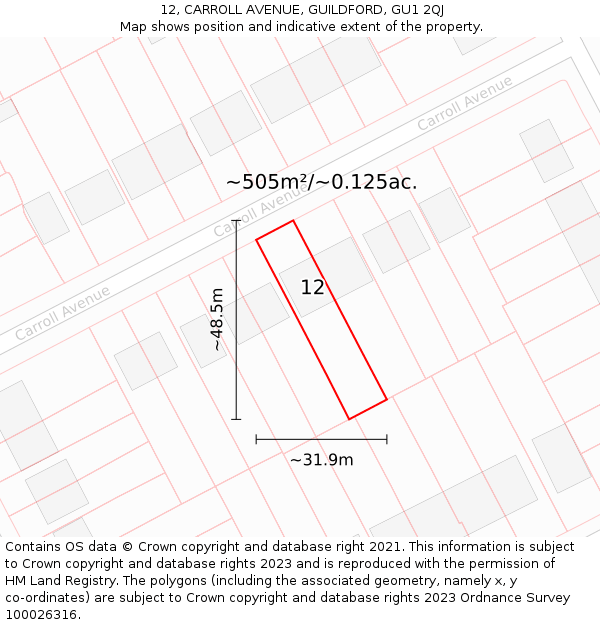 12, CARROLL AVENUE, GUILDFORD, GU1 2QJ: Plot and title map