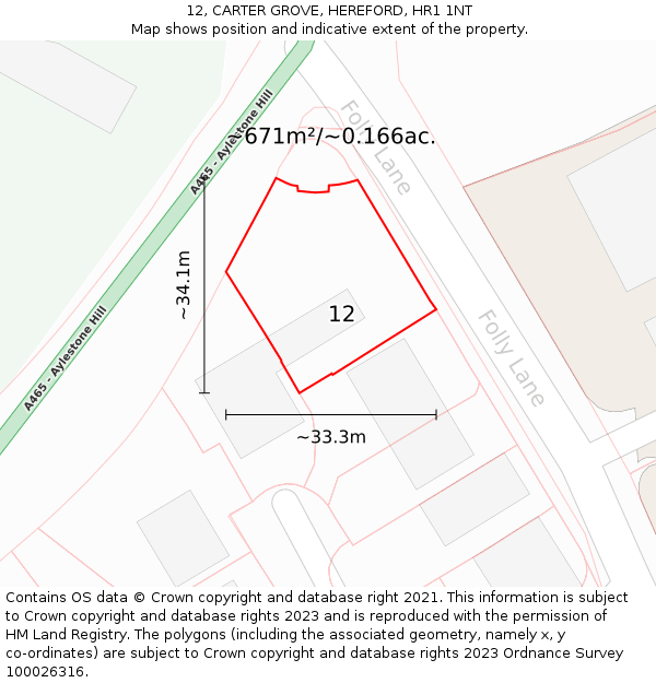 12, CARTER GROVE, HEREFORD, HR1 1NT: Plot and title map