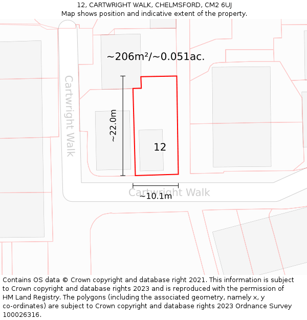 12, CARTWRIGHT WALK, CHELMSFORD, CM2 6UJ: Plot and title map