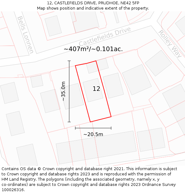 12, CASTLEFIELDS DRIVE, PRUDHOE, NE42 5FP: Plot and title map