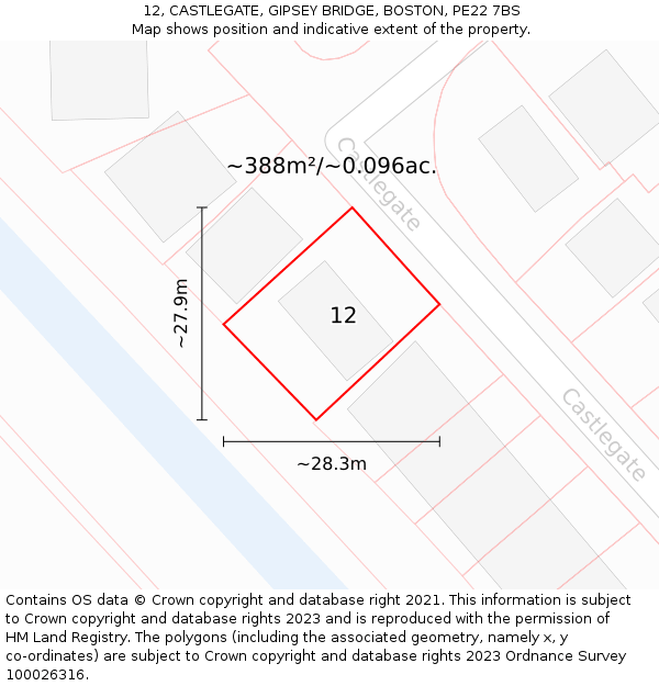 12, CASTLEGATE, GIPSEY BRIDGE, BOSTON, PE22 7BS: Plot and title map