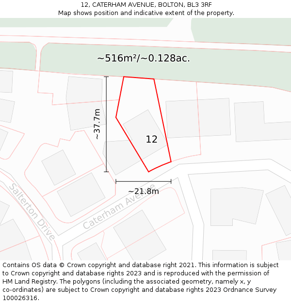 12, CATERHAM AVENUE, BOLTON, BL3 3RF: Plot and title map
