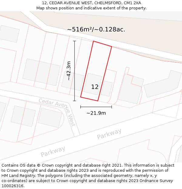 12, CEDAR AVENUE WEST, CHELMSFORD, CM1 2XA: Plot and title map