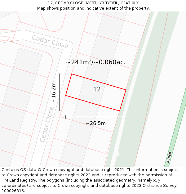 12, CEDAR CLOSE, MERTHYR TYDFIL, CF47 0LX: Plot and title map