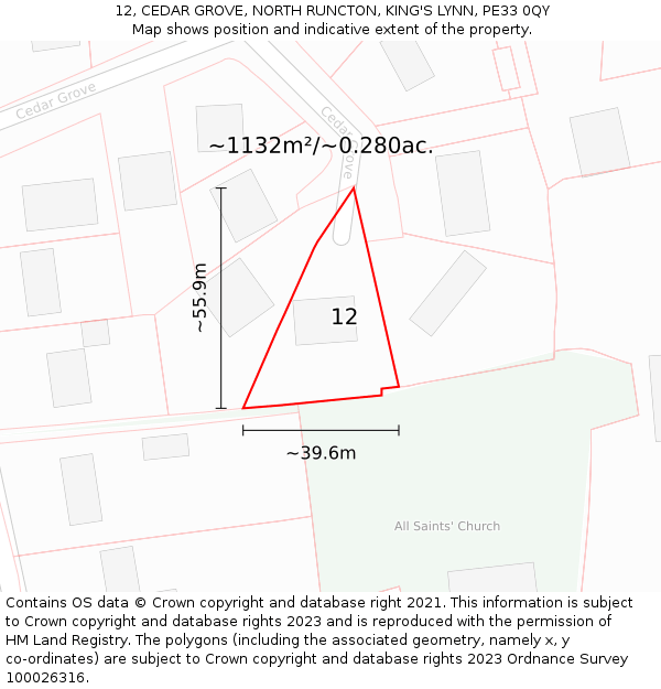 12, CEDAR GROVE, NORTH RUNCTON, KING'S LYNN, PE33 0QY: Plot and title map