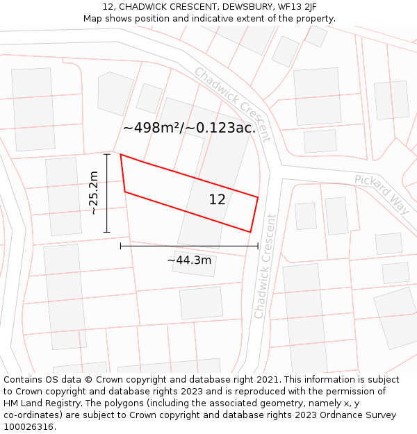 12, CHADWICK CRESCENT, DEWSBURY, WF13 2JF: Plot and title map