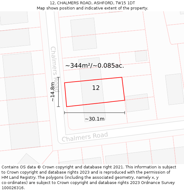 12, CHALMERS ROAD, ASHFORD, TW15 1DT: Plot and title map