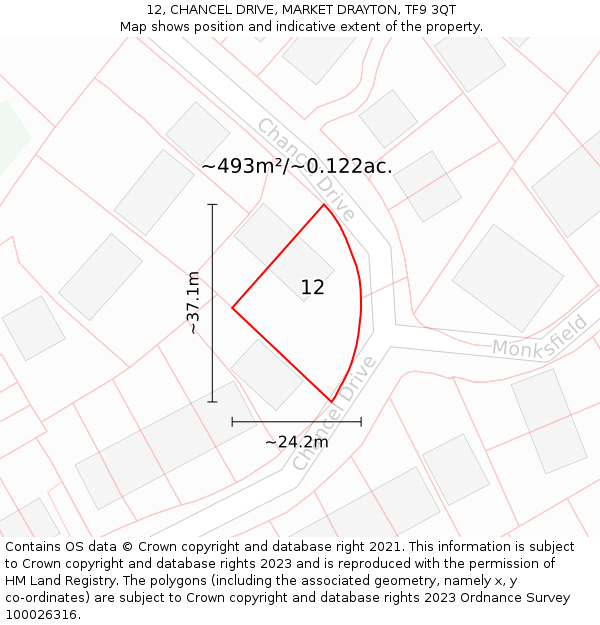 12, CHANCEL DRIVE, MARKET DRAYTON, TF9 3QT: Plot and title map