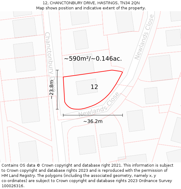 12, CHANCTONBURY DRIVE, HASTINGS, TN34 2QN: Plot and title map