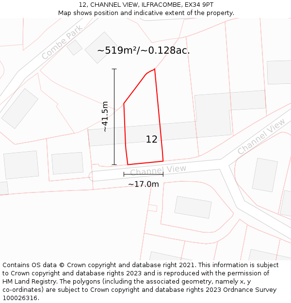 12, CHANNEL VIEW, ILFRACOMBE, EX34 9PT: Plot and title map