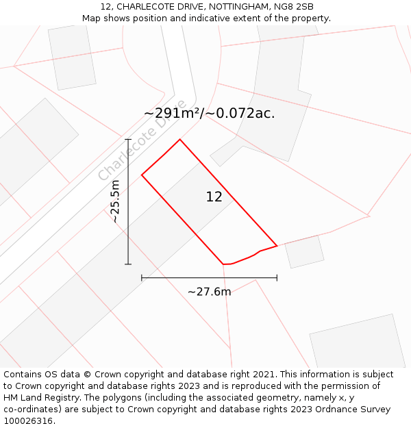 12, CHARLECOTE DRIVE, NOTTINGHAM, NG8 2SB: Plot and title map