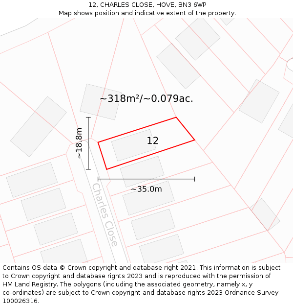 12, CHARLES CLOSE, HOVE, BN3 6WP: Plot and title map