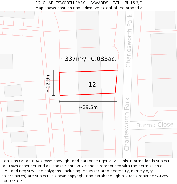 12, CHARLESWORTH PARK, HAYWARDS HEATH, RH16 3JG: Plot and title map