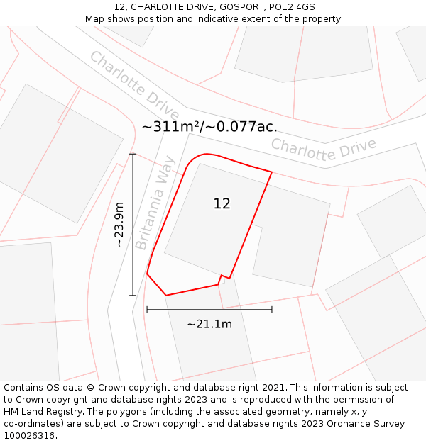 12, CHARLOTTE DRIVE, GOSPORT, PO12 4GS: Plot and title map