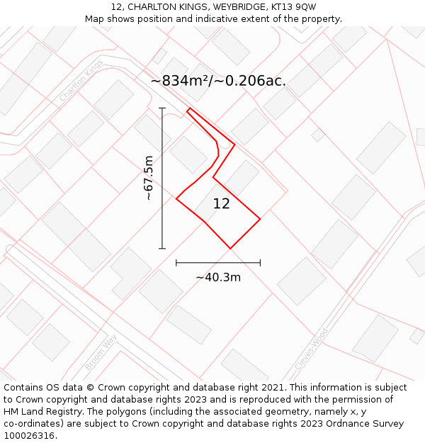 12, CHARLTON KINGS, WEYBRIDGE, KT13 9QW: Plot and title map