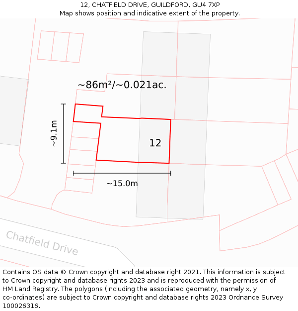 12, CHATFIELD DRIVE, GUILDFORD, GU4 7XP: Plot and title map