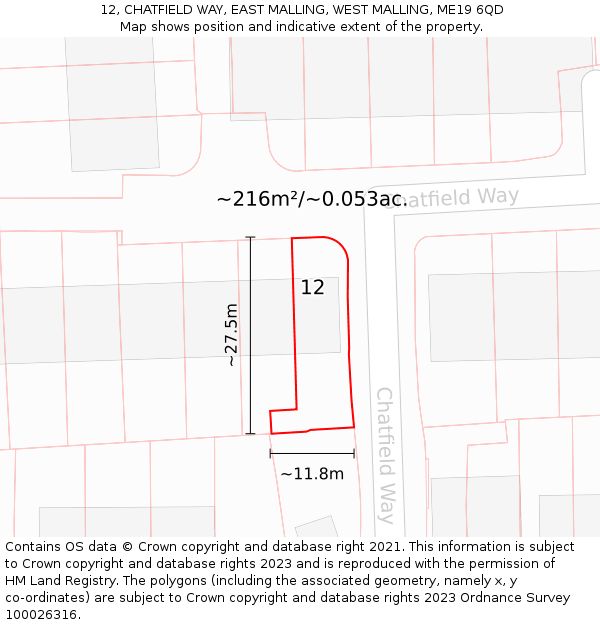 12, CHATFIELD WAY, EAST MALLING, WEST MALLING, ME19 6QD: Plot and title map