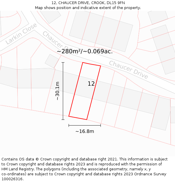 12, CHAUCER DRIVE, CROOK, DL15 9FN: Plot and title map