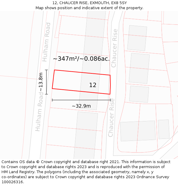 12, CHAUCER RISE, EXMOUTH, EX8 5SY: Plot and title map