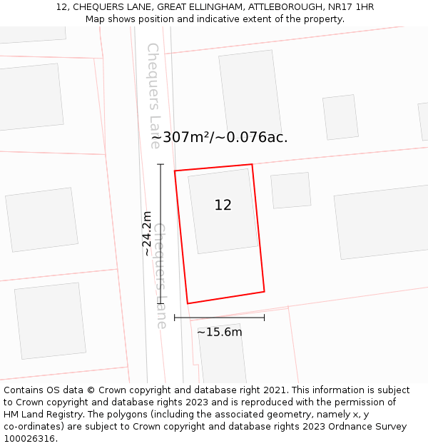 12, CHEQUERS LANE, GREAT ELLINGHAM, ATTLEBOROUGH, NR17 1HR: Plot and title map