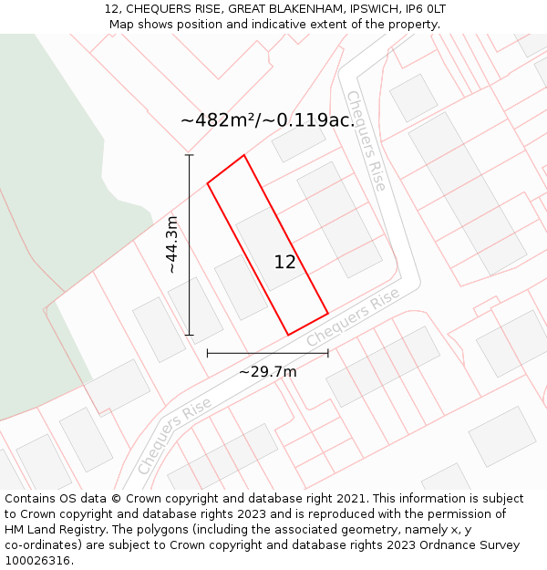12, CHEQUERS RISE, GREAT BLAKENHAM, IPSWICH, IP6 0LT: Plot and title map