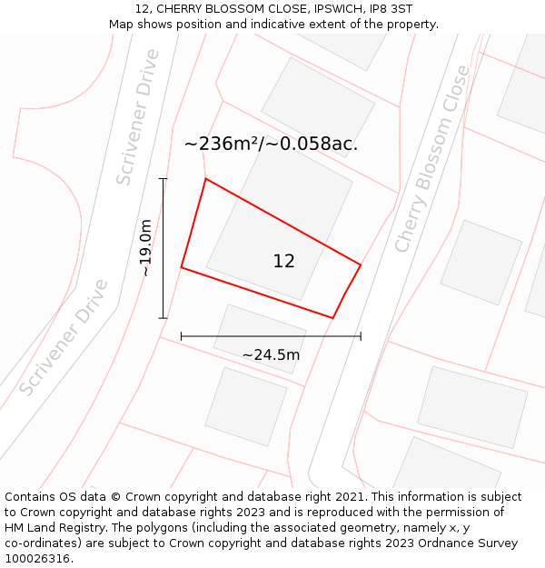 12, CHERRY BLOSSOM CLOSE, IPSWICH, IP8 3ST: Plot and title map
