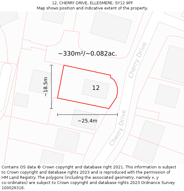 12, CHERRY DRIVE, ELLESMERE, SY12 9PF: Plot and title map
