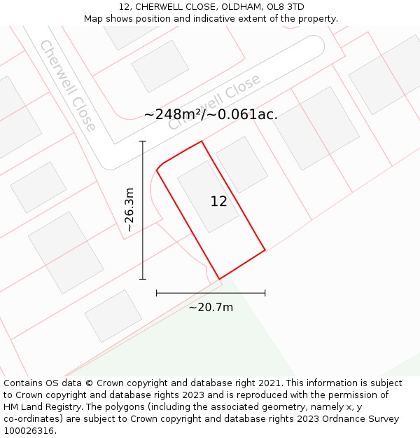 12, CHERWELL CLOSE, OLDHAM, OL8 3TD: Plot and title map