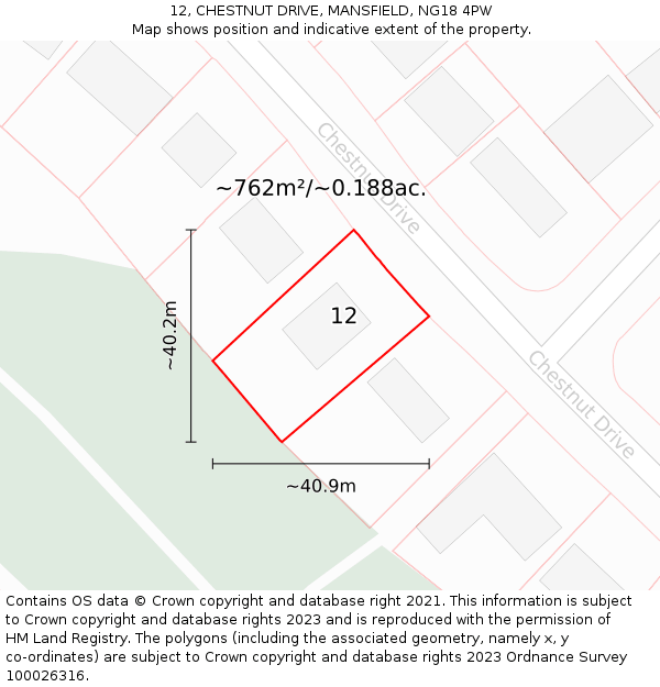 12, CHESTNUT DRIVE, MANSFIELD, NG18 4PW: Plot and title map