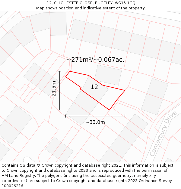 12, CHICHESTER CLOSE, RUGELEY, WS15 1GQ: Plot and title map