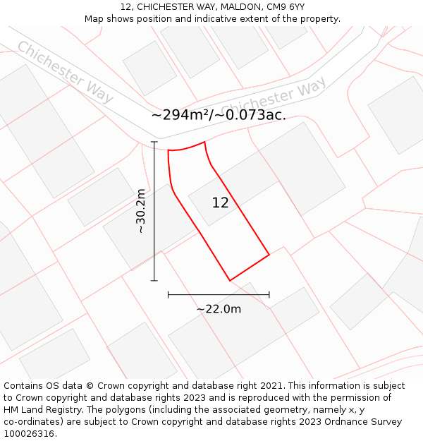 12, CHICHESTER WAY, MALDON, CM9 6YY: Plot and title map