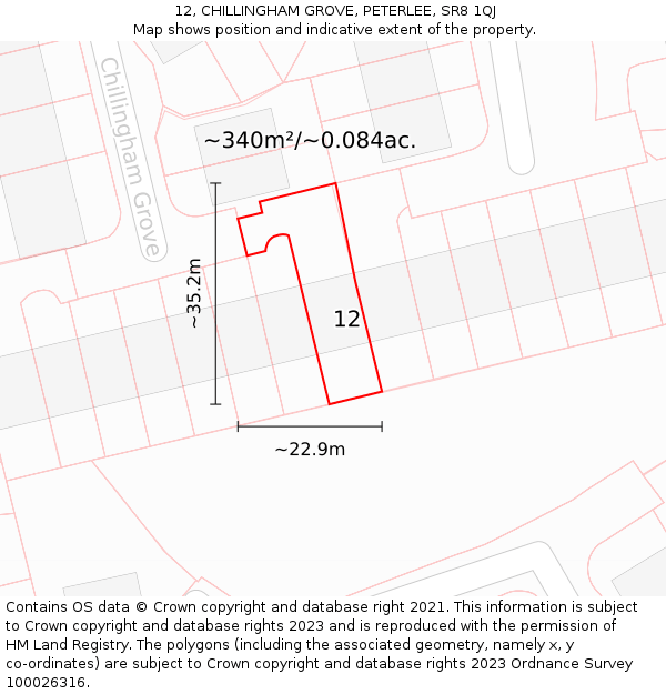 12, CHILLINGHAM GROVE, PETERLEE, SR8 1QJ: Plot and title map