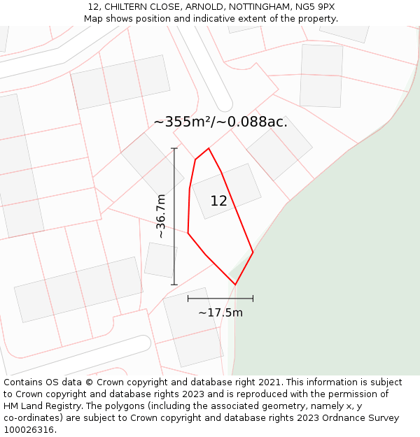 12, CHILTERN CLOSE, ARNOLD, NOTTINGHAM, NG5 9PX: Plot and title map