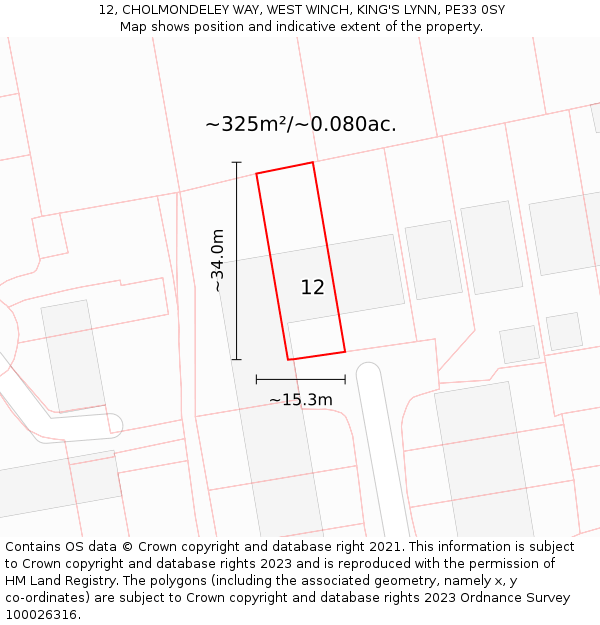 12, CHOLMONDELEY WAY, WEST WINCH, KING'S LYNN, PE33 0SY: Plot and title map