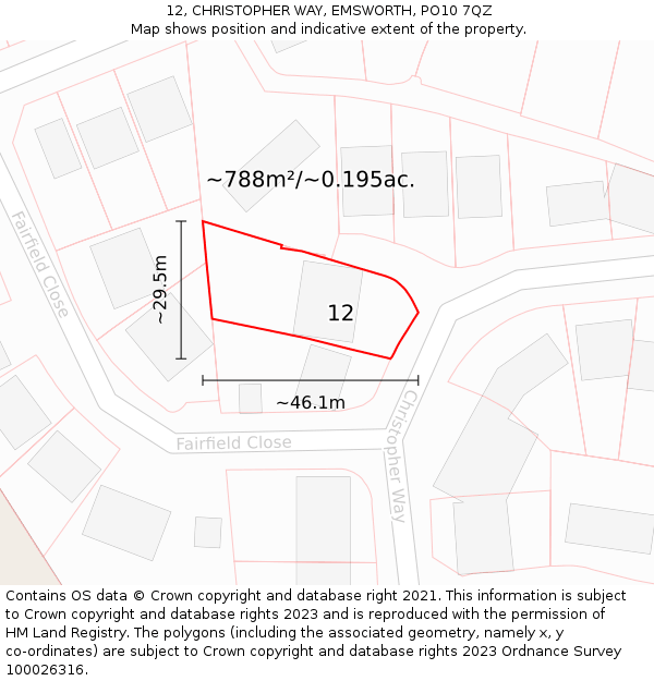 12, CHRISTOPHER WAY, EMSWORTH, PO10 7QZ: Plot and title map