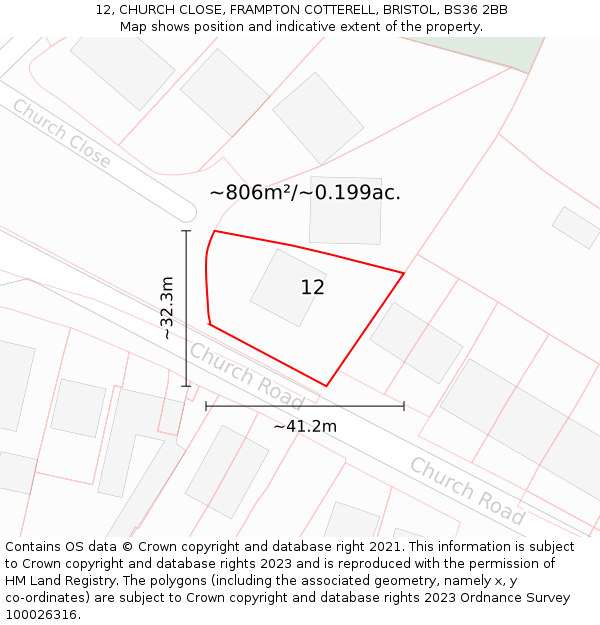 12, CHURCH CLOSE, FRAMPTON COTTERELL, BRISTOL, BS36 2BB: Plot and title map