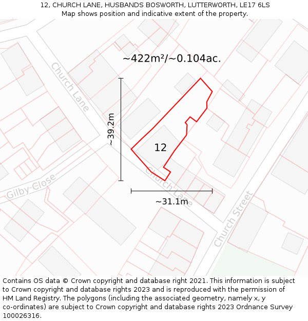 12, CHURCH LANE, HUSBANDS BOSWORTH, LUTTERWORTH, LE17 6LS: Plot and title map