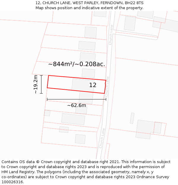 12, CHURCH LANE, WEST PARLEY, FERNDOWN, BH22 8TS: Plot and title map