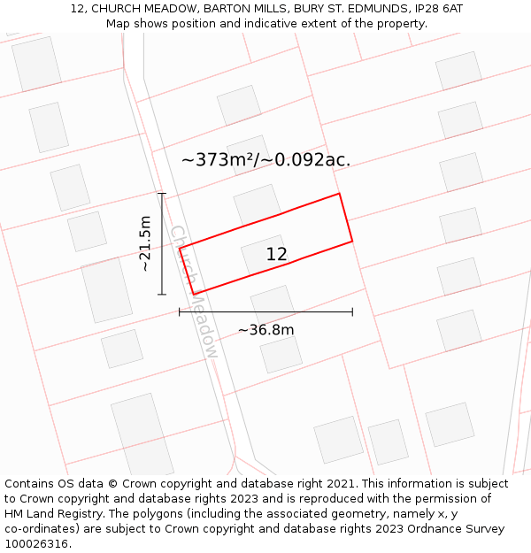 12, CHURCH MEADOW, BARTON MILLS, BURY ST. EDMUNDS, IP28 6AT: Plot and title map