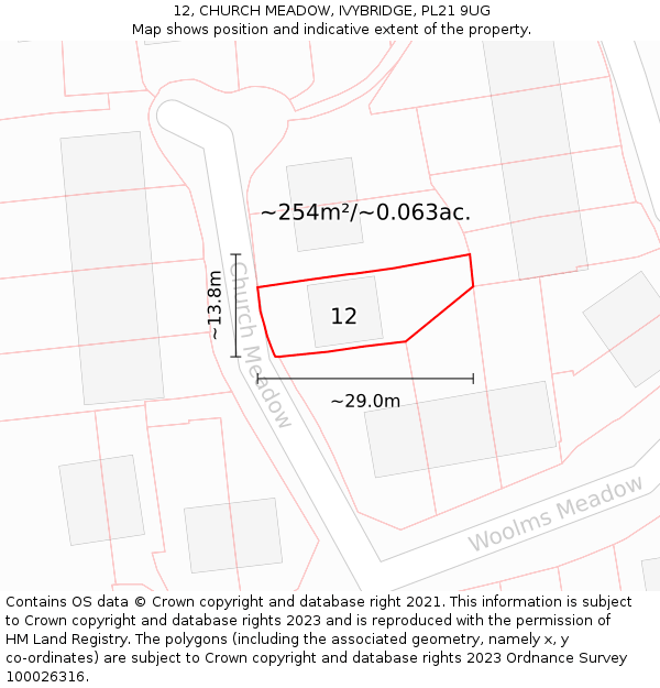 12, CHURCH MEADOW, IVYBRIDGE, PL21 9UG: Plot and title map