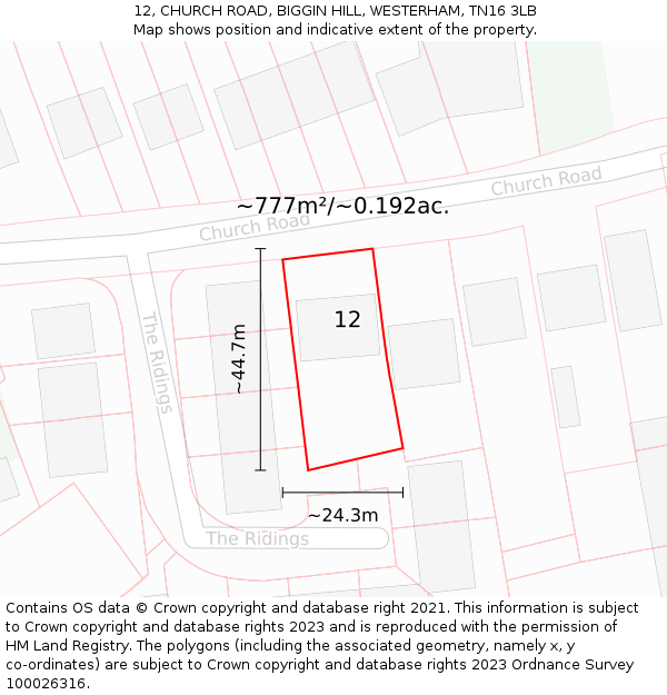 12, CHURCH ROAD, BIGGIN HILL, WESTERHAM, TN16 3LB: Plot and title map