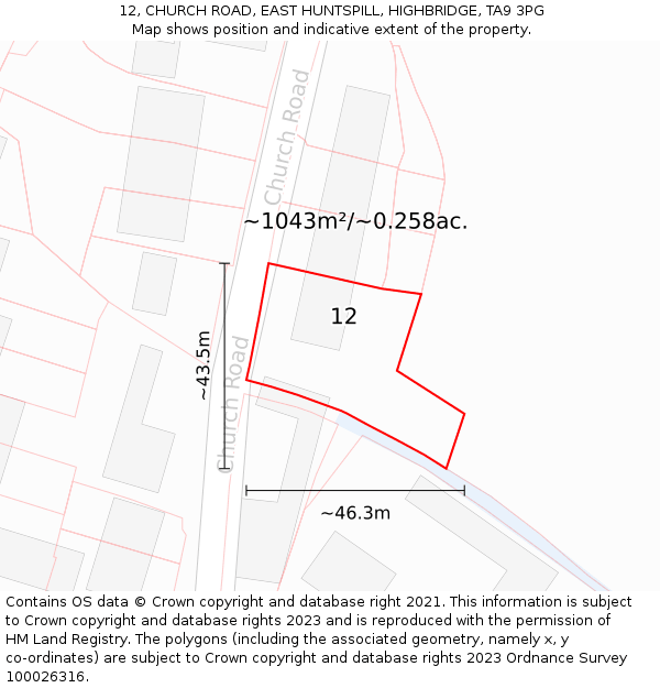 12, CHURCH ROAD, EAST HUNTSPILL, HIGHBRIDGE, TA9 3PG: Plot and title map